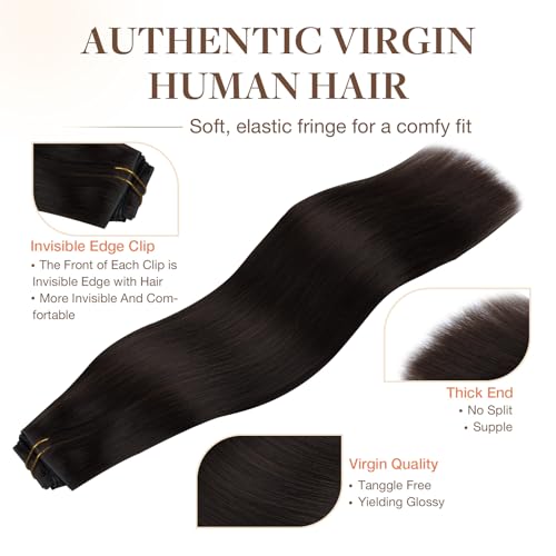 GOO GOO Invisi Edge Clip in Hair Extensions, Machine-Injected PU Invisible Weft, Virgin Human Hair, Beginner-friendly, 16 Inch 130g 7 Pcs Dark Brown, Ideal for Weddings Parties