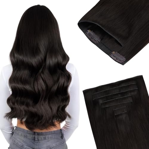GOO GOO Invisi Edge Clip in Hair Extensions, Machine-Injected PU Invisible Weft, Virgin Human Hair, Beginner-friendly, 16 Inch 130g 7 Pcs Dark Brown, Ideal for Weddings Parties