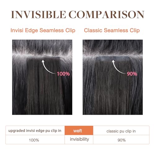 GOO GOO Invisi Edge Clip in Hair Extensions, Machine-Injected PU Invisible Weft, Virgin Human Hair, Beginner-friendly, 16 Inch 130g 7 Pcs Dark Brown, Ideal for Weddings Parties