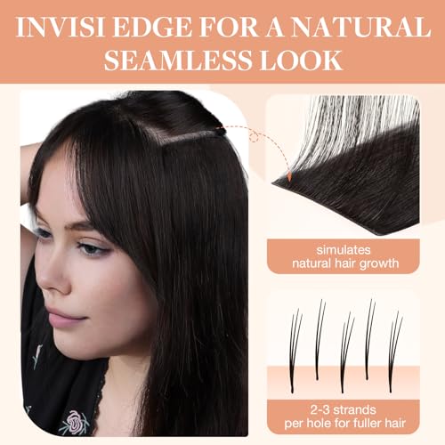GOO GOO Invisi Edge Clip in Hair Extensions, Machine-Injected PU Invisible Weft, Virgin Human Hair, Beginner-friendly, 16 Inch 130g 7 Pcs Dark Brown, Ideal for Weddings Parties