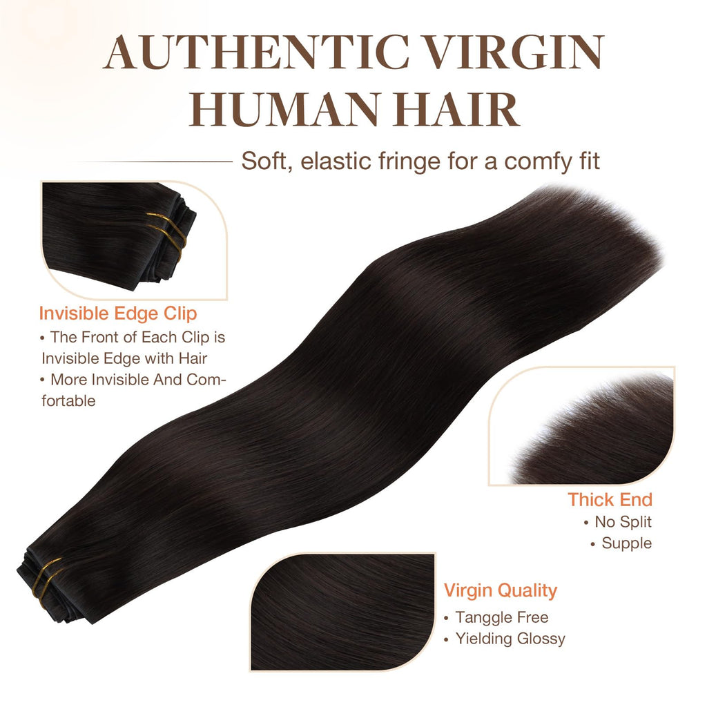 GOO GOO Invisi Edge Clip in Hair Extensions, Machine-Injected PU Invisible Weft, Virgin Human Hair, Beginner-friendly, 16 Inch 130g 7 Pcs Dark Brown, Ideal for Weddings Parties