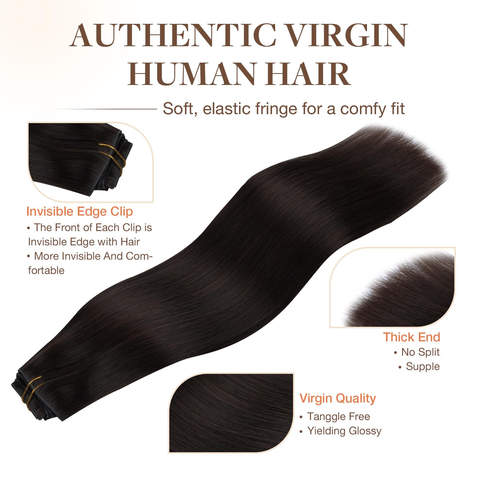 GOO GOO Invisi Edge Clip in Hair Extensions, Machine-Injected PU Invisible Weft, Virgin Human Hair, Beginner-friendly, 16 Inch 130g 7 Pcs Dark Brown, Ideal for Weddings Parties