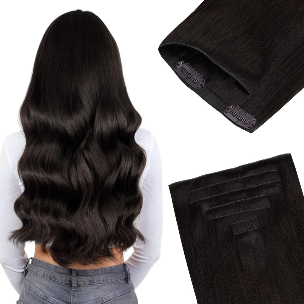 GOO GOO Invisi Edge Clip in Hair Extensions, Machine-Injected PU Invisible Weft, Virgin Human Hair, Beginner-friendly, 16 Inch 130g 7 Pcs Dark Brown, Ideal for Weddings Parties