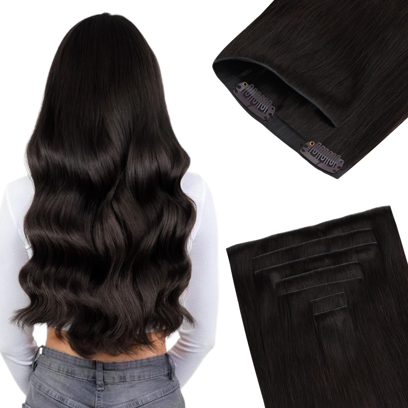 GOO GOO Invisi Edge Clip in Hair Extensions, Machine-Injected PU Invisible Weft, Virgin Human Hair, Beginner-friendly, 16 Inch 130g 7 Pcs Dark Brown, Ideal for Weddings Parties