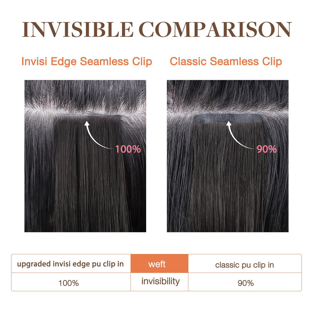 GOO GOO Invisi Edge Clip in Hair Extensions, Machine-Injected PU Invisible Weft, Virgin Human Hair, Beginner-friendly, 16 Inch 130g 7 Pcs Dark Brown, Ideal for Weddings Parties